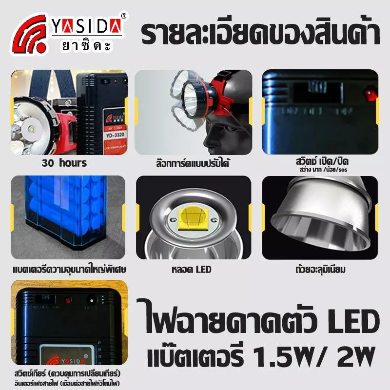 ไฟฉายคาดหัว YASIDA 3320 พ่วงแบตเตอรี่ thumbnail 10
