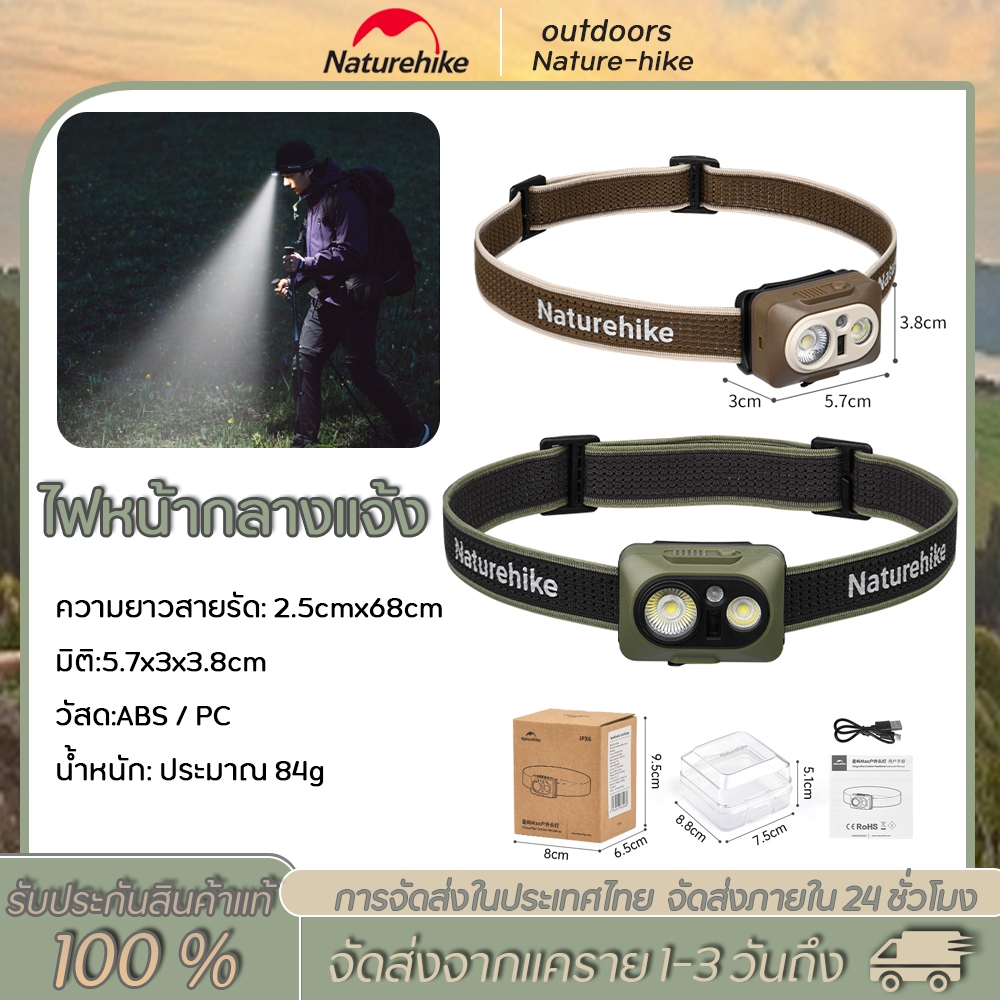 Naturehike 2024 น้ำหนักเบาไฟฉายคาดศีรษะ ไฟ ไฟหน้าแบบพกพา Ultra Bright ตกปลากันน้ำเครื่องประดับศีรษะกลางแจ้ง