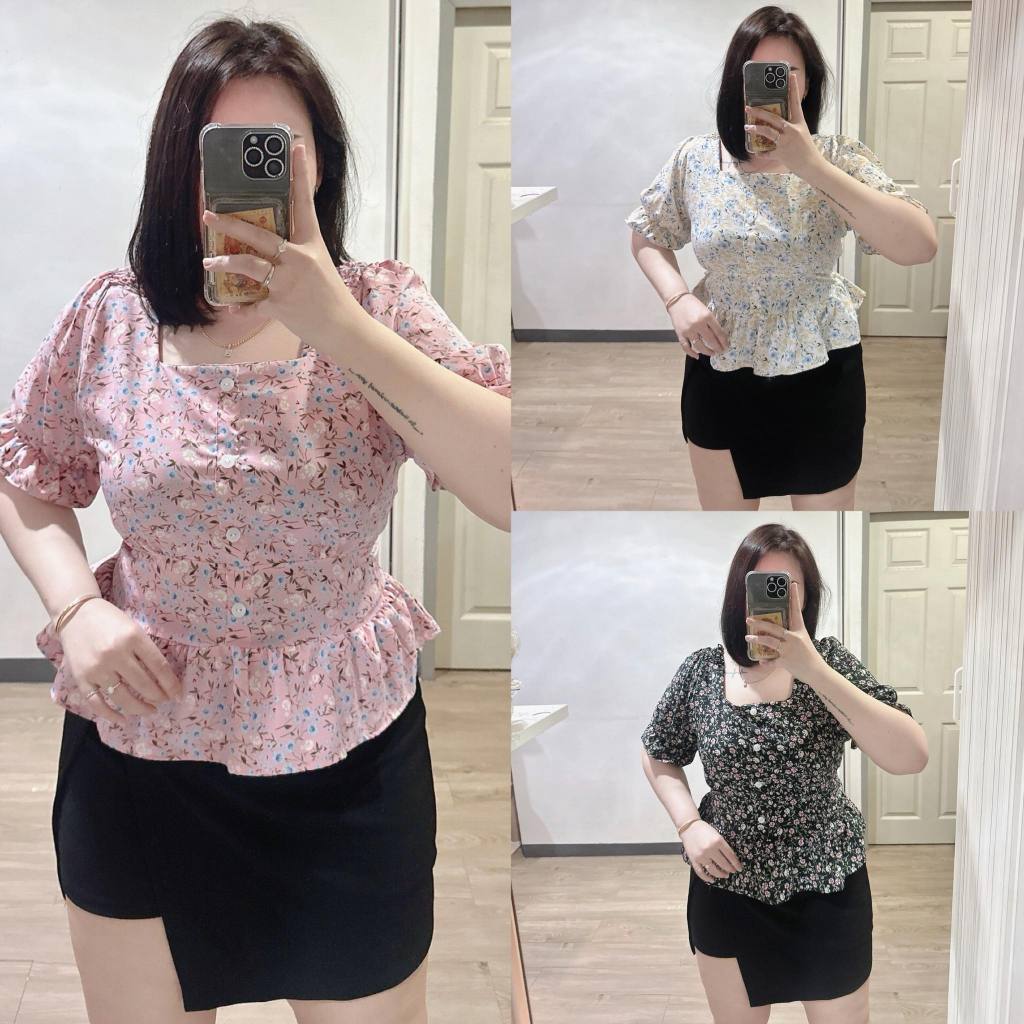 เสื้อคอเหลี่ยมลายดอกเอวระบายแขนสั้นสาวอวบ 38-46” *รุ่น ก80*