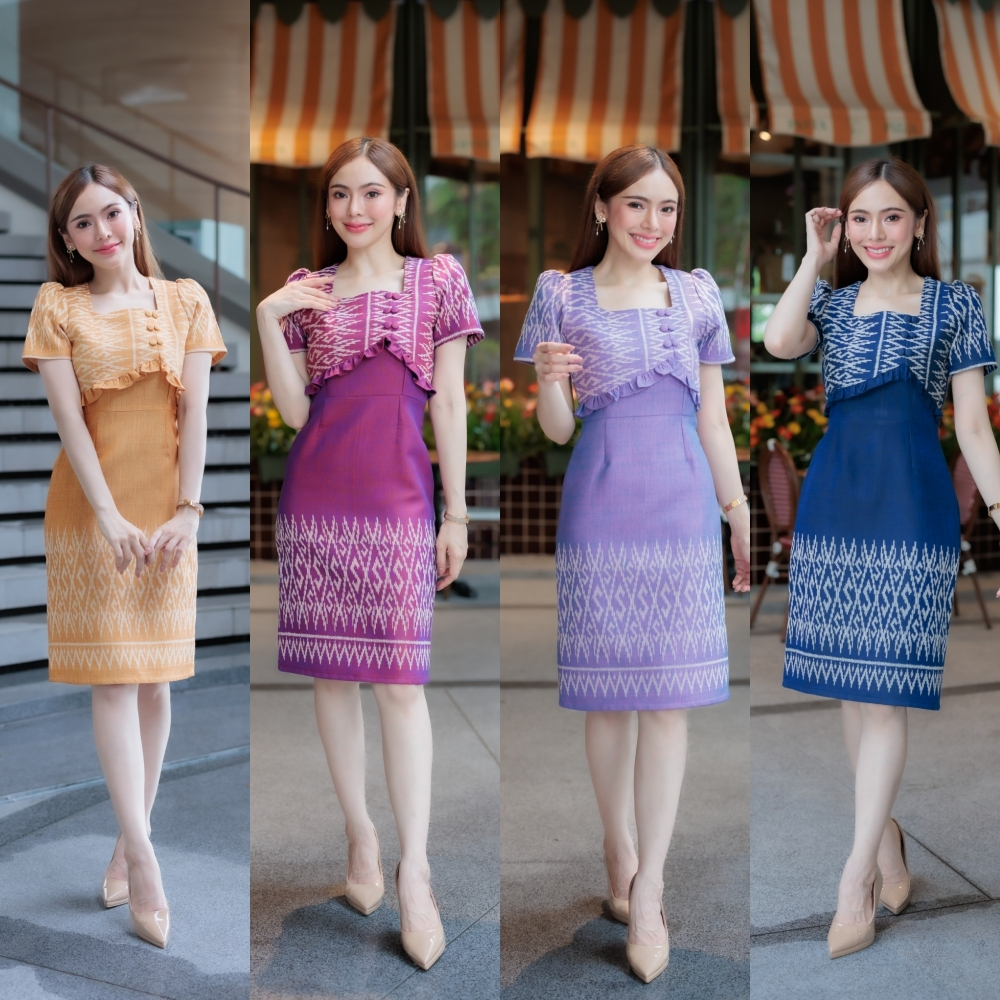 Kety Smile ชุดเดรสผ้าทอลาย คอเหลี่ยม ทรงสอบ แต่งระบายช่วงอก อัดกาวทั้งชุด (S-5XL) N653