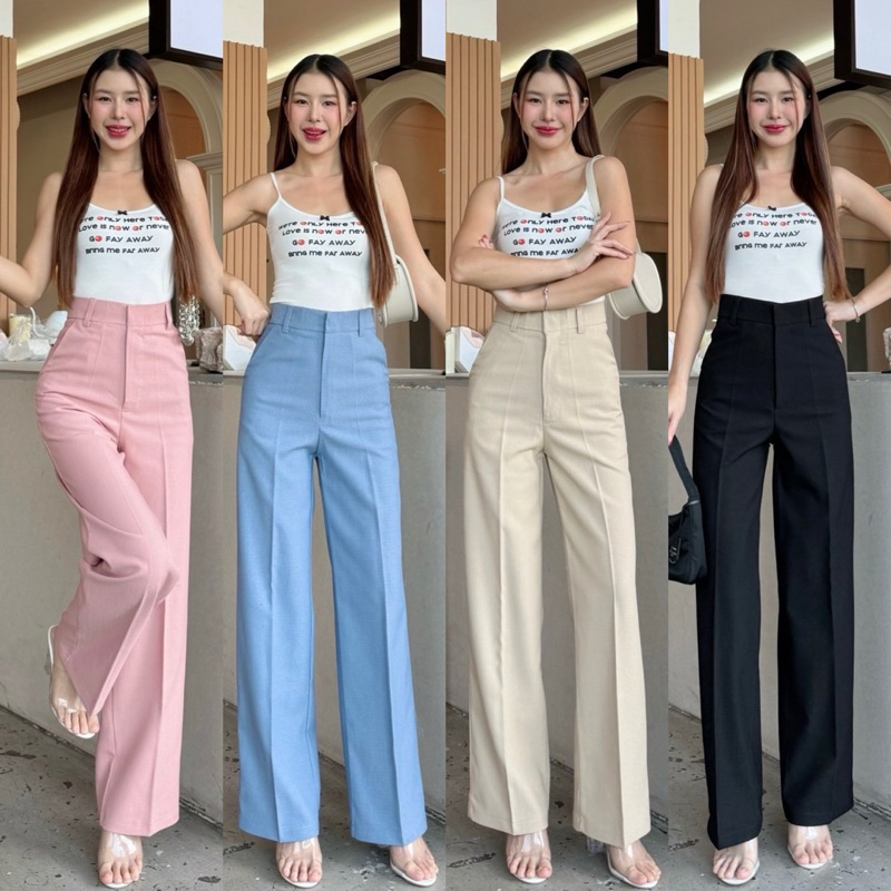 กางเกงเอวสูงทรงขากระบอกตะขอหน้าผ้าญี่ปุ่นนอกเก็บทรงสวยS-XL✅