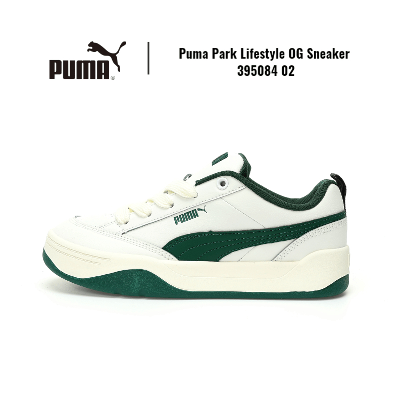 100%ของแท้การซื้อ Puma Park Lifestyle OG รองเท้าผ้าใบลำลอง "หนังสีขาวสีเขียว" 395084 02