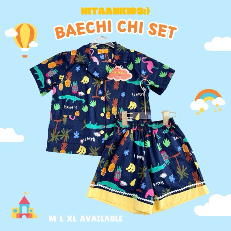 NITAANKIDS:) ลายฮาวายน้ำเงิน BAECHI SET 💛 เซ็ตเสื้อเบเซอร์ผ้าคอตตอนแท้ ใส่สบายไม่ร้อน มาคู่กางเกงแต่งริบบิ้น