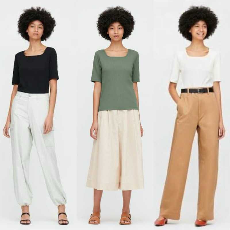 เสื้อยืดคอเหลี่ยม ผ้าร่อง Uniqlo แขน 1/2 ไซส์ M-L