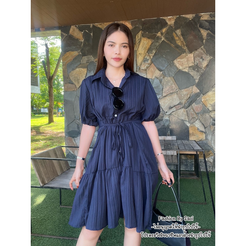 (คนท้องใส่ได้) เดรสคอปกผ่าด๊อปบี้ (สาวอวบใส่ได้) กระโปรงทรงบอลลูน มีเชือกผูกเอว สวยกำลังดี