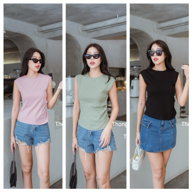 T282 เสื้อครอปคอกลม แขนเต่อ จีบชายข้าง
