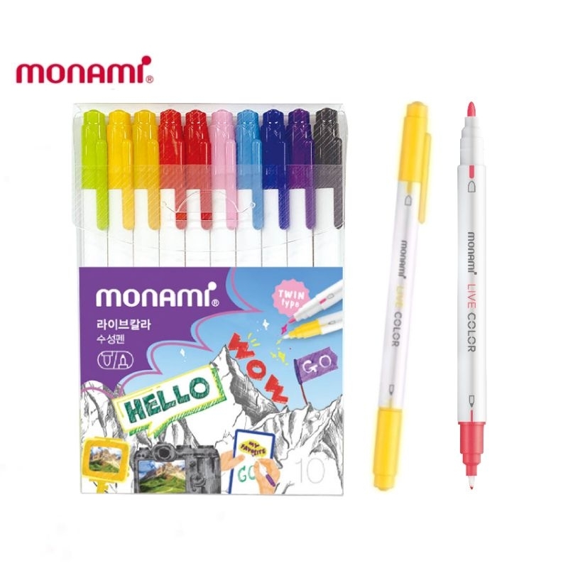 Monami ปากกาสีน้ำ 2 หัว Live Color ชุด 10 สี ขนาดเส้น 0.6 มม. และ 1.2 มม. หมึกสูตรน้ำ