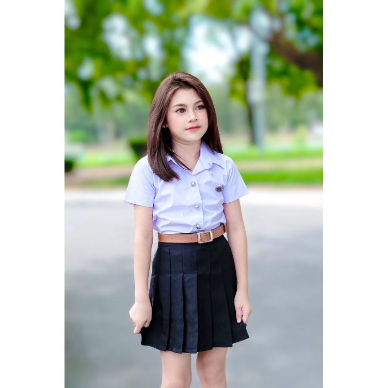 ชุดนักศึกษาตัวจิ๋ว/ชุดมหาลัยเด็ก(เสื้อขาว+กป.ดำจับจีบรอบตัว)