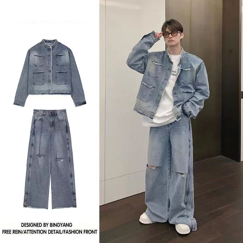 ⚡ชุด 2 ชิ้น👔แจ็คเก็ตยีนส์+ยีนส์ เสื้อยีนส์ ผู้ชาย เกรดพรีเมี่ยมผ้าหนา ใส่ทำงาน ชุดสูทแฟชั่นบุรุษ สีฟ้า/สีดำ(ขายแยก)