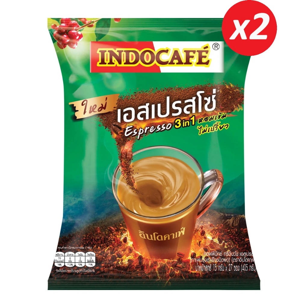 INDOCAFE อินโดคาเฟ่ 3อิน1 เอสเพรสโซ่ กาแฟมิกซ์ ขนาด 15 กรัม แพ็ค 27 ซอง [ 2 แพ็ค ]