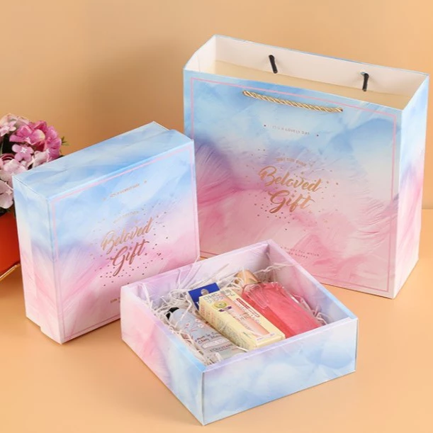 กล่องของขวัญพร้อมถุงกระดาษ กล่องใส่ของขวัญ วันครบรอบวันเกิดเซอร์ไพรส์ใส่ของชำร่วยของรับไหว้ผู้ใหญ่ ฟรีการ์ด