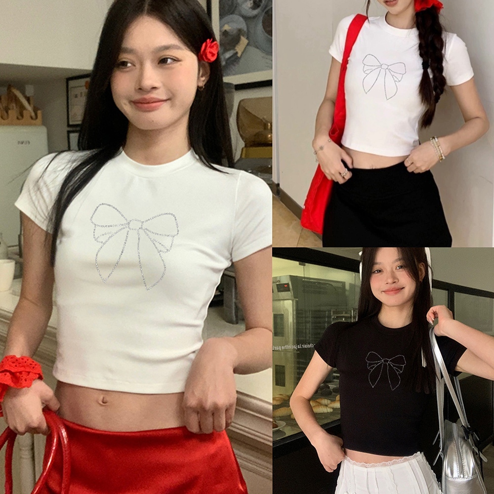Beryl Y2K เสื้อยืดสีขาว ดีไซน์โบว์ เผยสะดือสไตล์เซ็กซี่หวานๆ