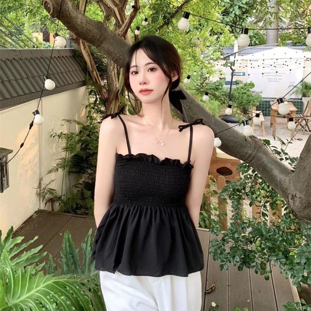 สายเดี่ยวผูกไหล่ เสื้อสายเดี่ยว ไซซ์ปกติ อกยืด สาวอวบใส่ได้ เสื้อสายเดี่ยวสายสม็อค แต่งขอบบัว เชือกปรับได้ สีสดใส ทรงสวย