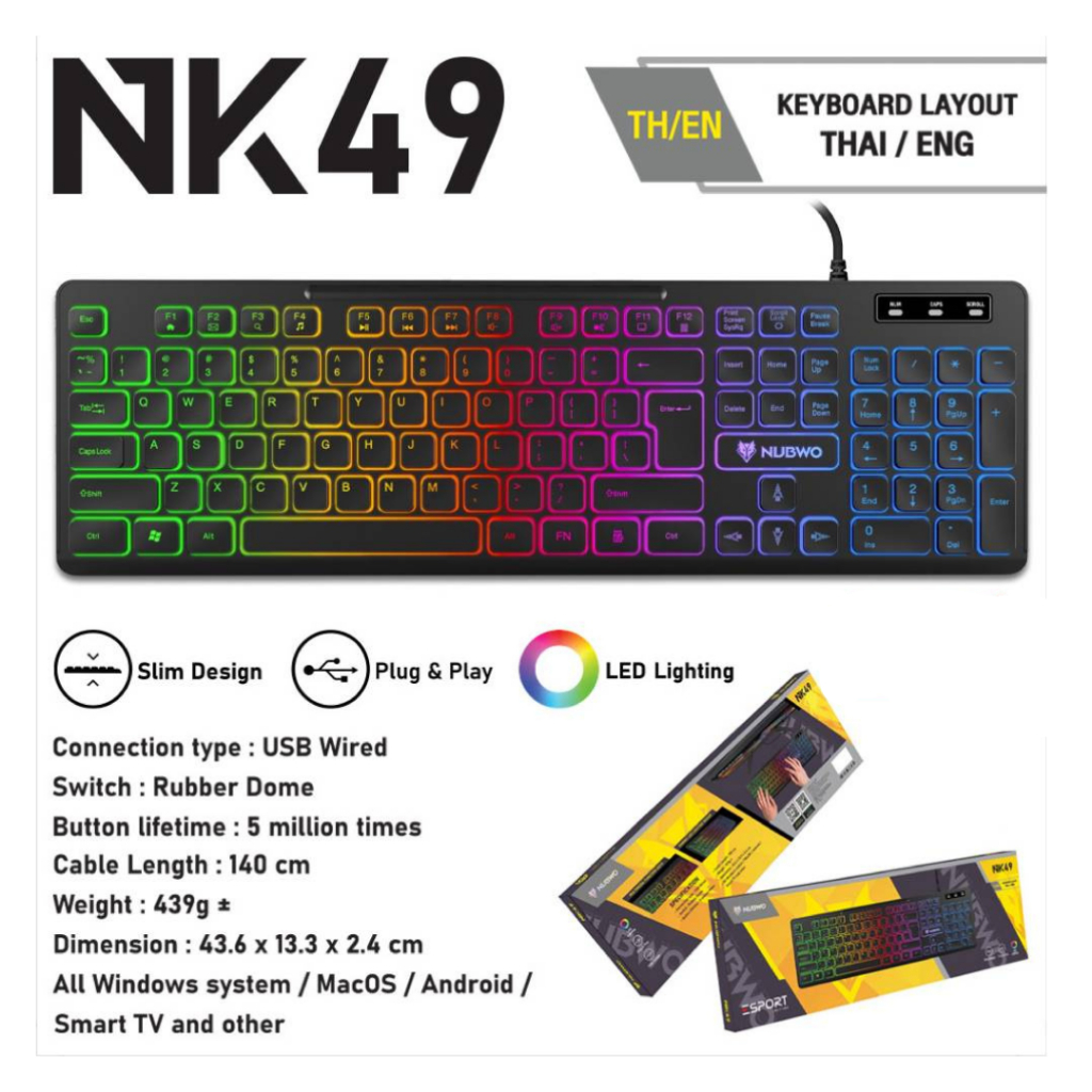 NUBWO NK-49 คีย์บอร์ดแบบสาย ไฟทะลุทุกตัวอักษร รับประกัน1ปี (เก็บกล่อง)