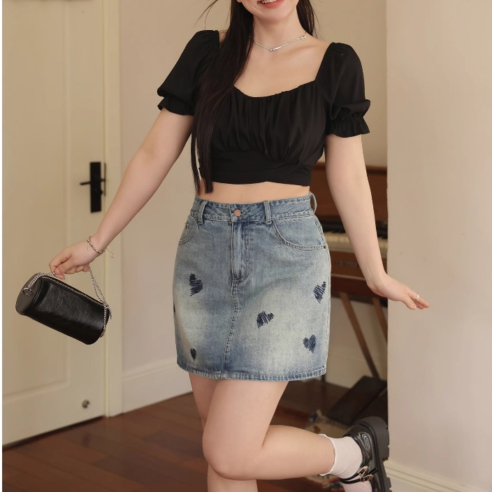 beautified กระโปรงยีนส์สั้นเองสูง เก็บพุงเก็บสะโพก ปักหัวใจ กระโปรงสาวอวบ