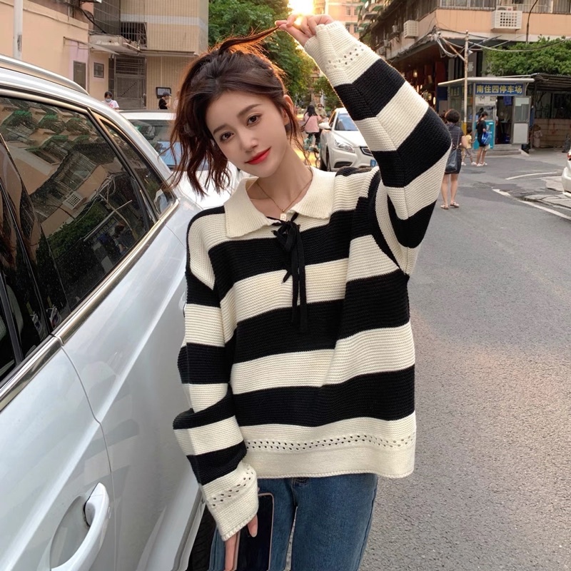 MMK🛍พร้อมส่ง🛍เสื้อไหมพรมแขนยาว เสื้อแฟชั่นผู้หญิง คอปกถักเชือกด้านหน้าได้สวย(5993)