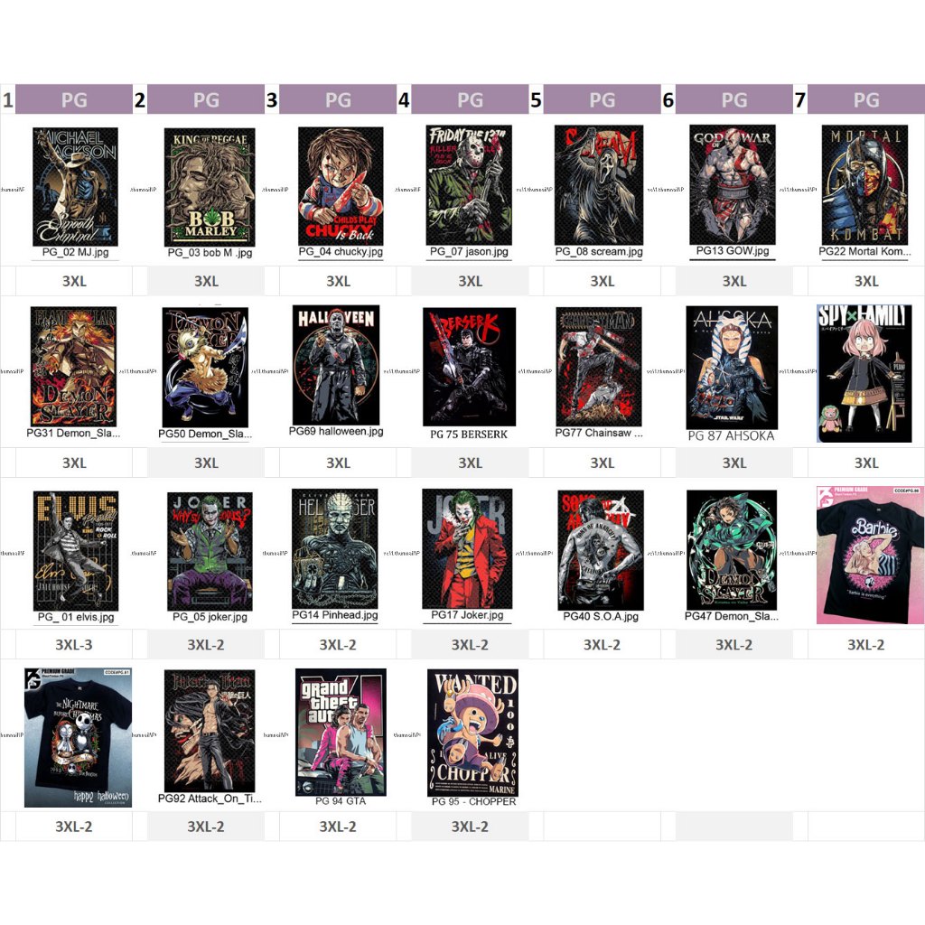 PG T-SHIRT SIZE 3XL รอบ-อก 52 นิ้ว JOKER CHUCKY BOB MARLEY SCREAM DEMON SLAYER BERSERK ELVIS SOA BAR