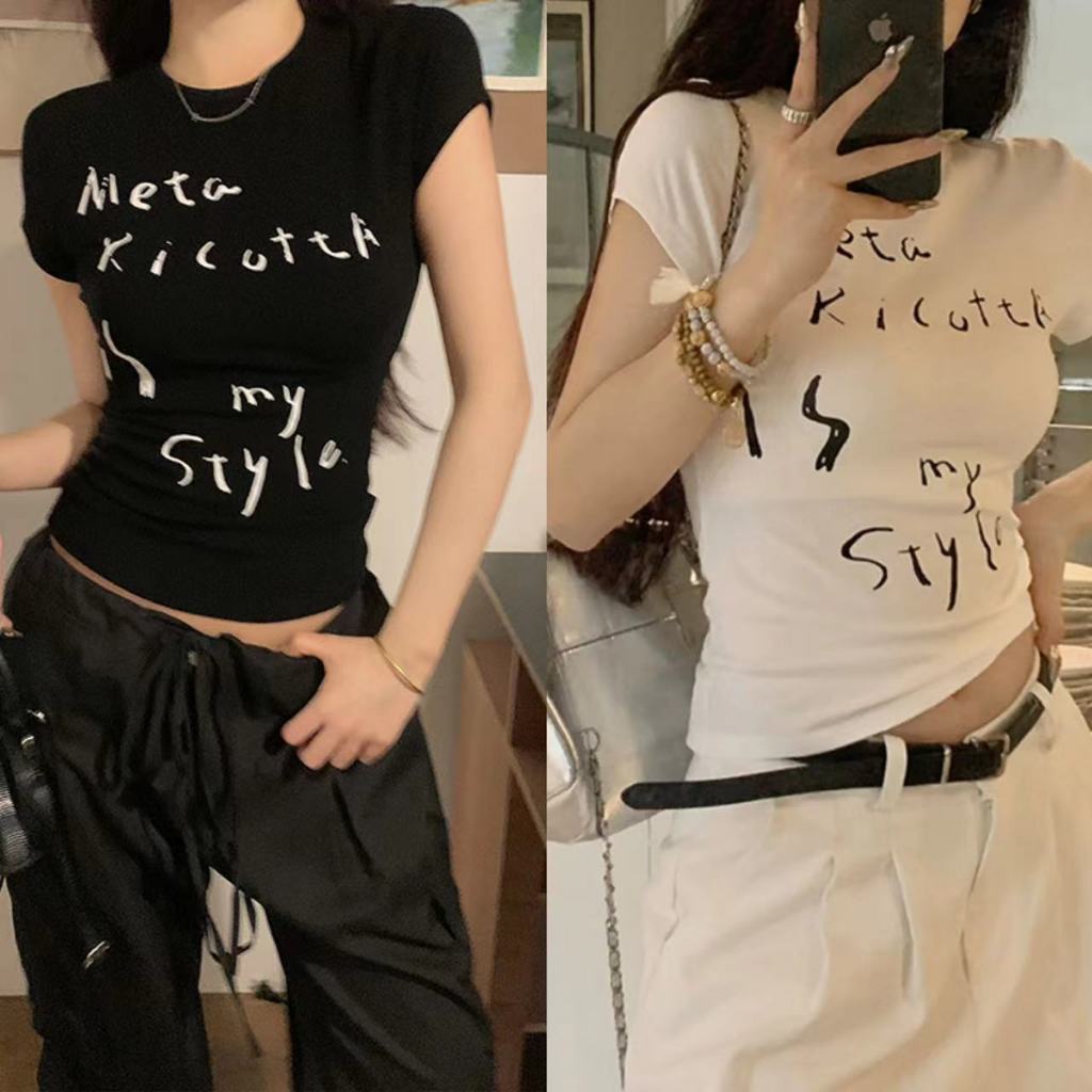 Beryl🌻เสื้อยืดแขนสั้นผู้หญิงสีขาว ย้อนยุคอเมริกัน