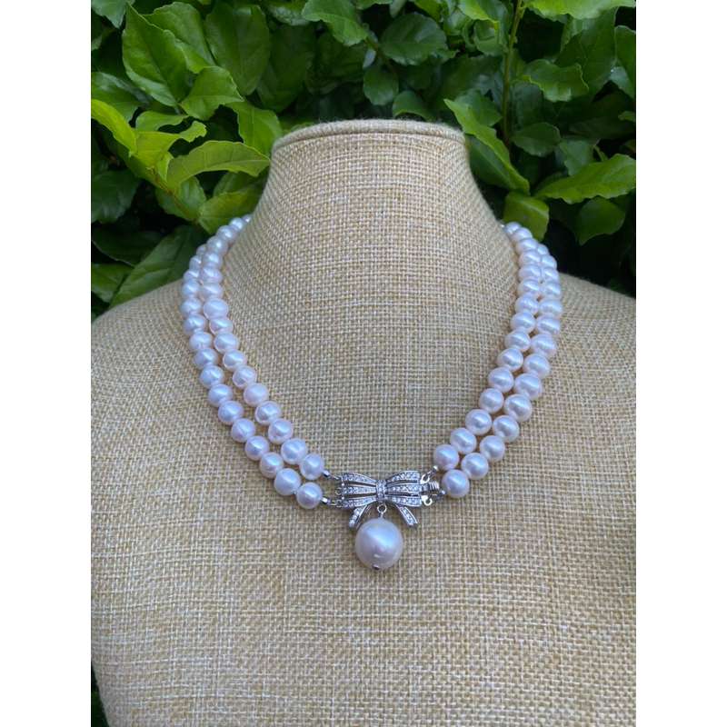 สร้อยคอไข่มุกสีขาว รุ่น2สาย มุกแท้ otop phuket มีใบรับประกัน