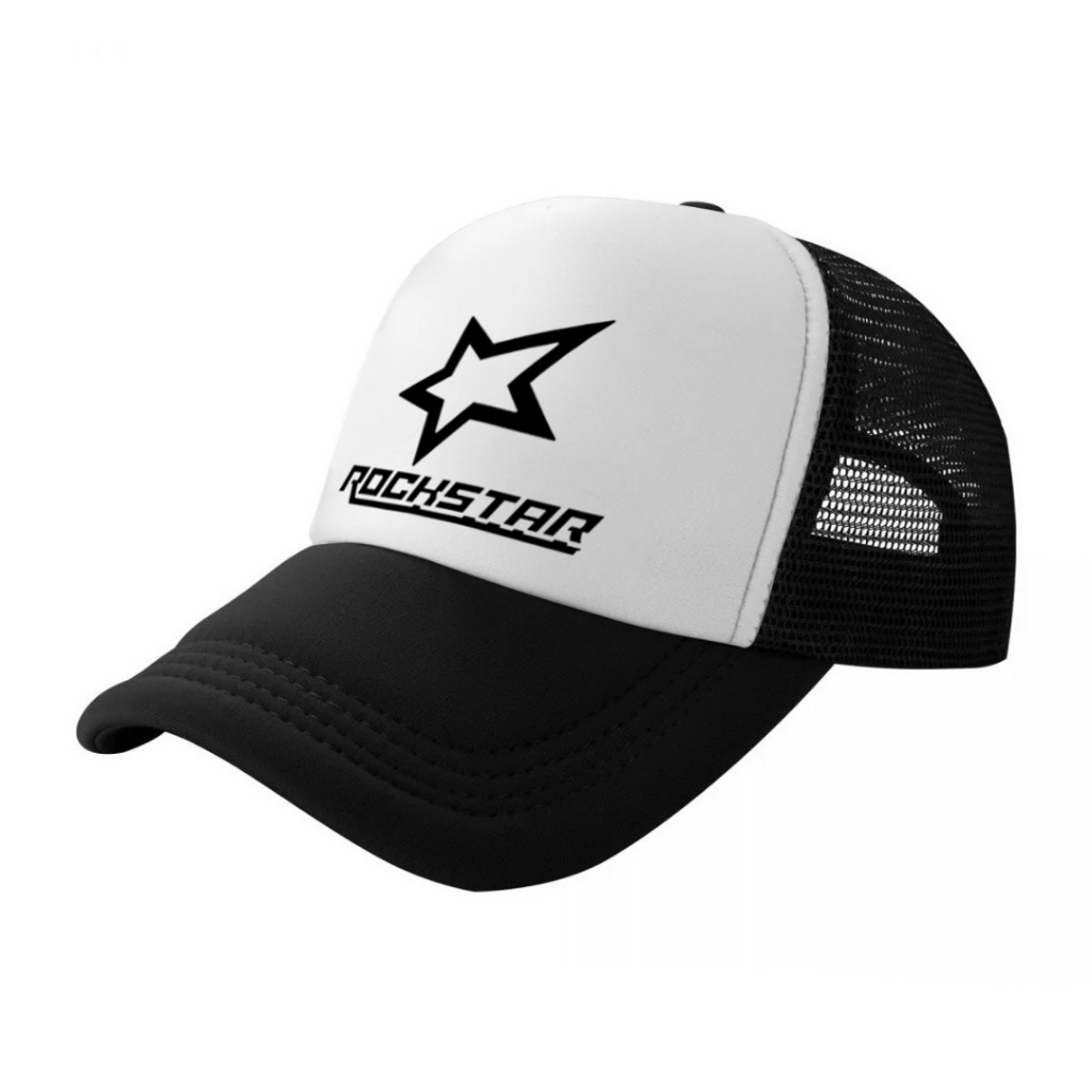หมวกแก็ป หมวกเบสบอล หน้าบุฟองน้ำ หลังตาข่าย สกรีน ROCKSTAR logo ด้วย Flex pu ขอบเรียบ สวย คมชัด