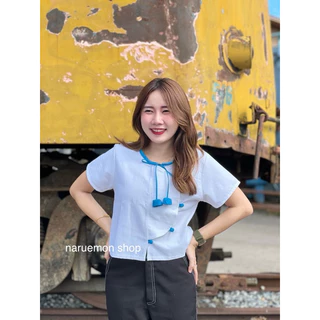 เสื้อครอปผ้าฝ้ายผู้หญิงผูกดอกทิวลิปคอกลมกระดุมปั๊ม
