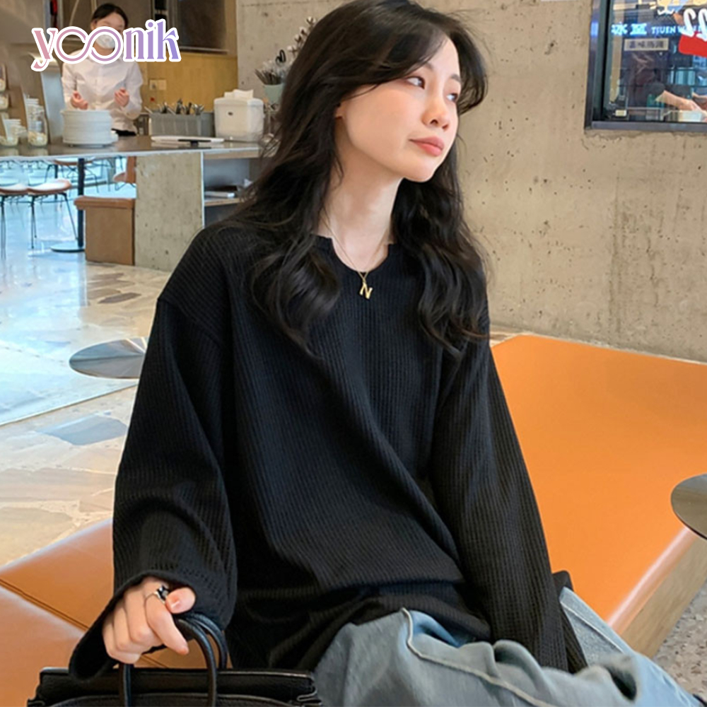 Yoonik เสื้อยืด ผ้าถักวาฟเฟิล คอยู ไม่มีลาย สำหรับผู้หญิง