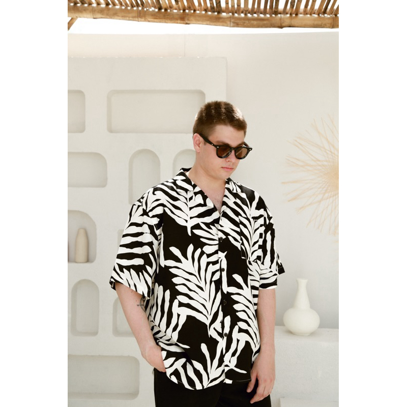 เสื้อเชิ้ตปกฮาวาย ผ้าลินินคุณภาพดี ใส่สบาย ลายใบไม้ oversize อก 44-60 นิ้ว