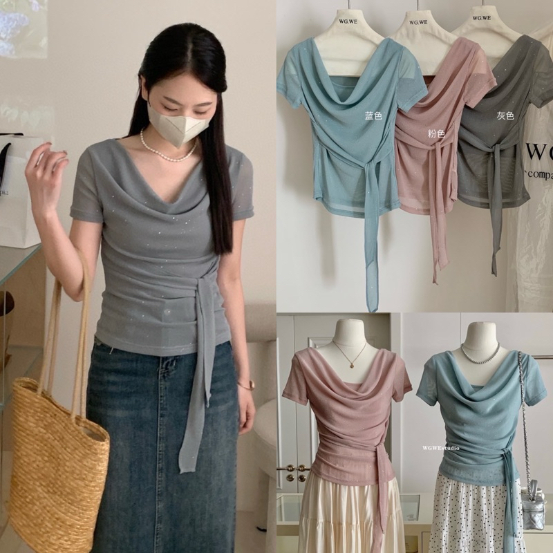 9001#เสื้อคอถ่วง ผ้ากลิตเตอวิ้ง งานสวย จับจีบย่นช่วงเอว มีซับใน TAG:WG.WE