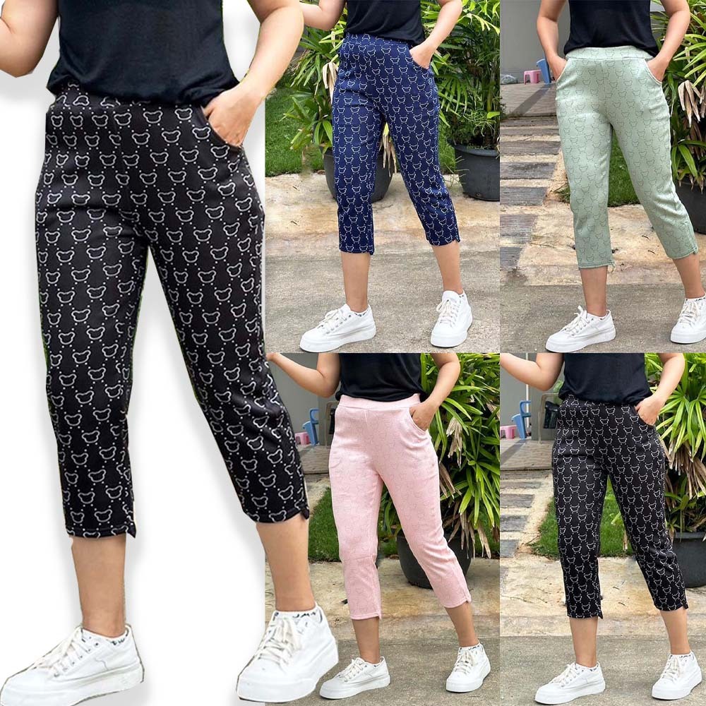ส่งด่วน กางเกงผ้ายืด พิมพ์ลายหมีน่ารักมีหลายสีใส่สบายสุดๆ ดีเทลปลายขาหน้าสั้นหลังยาว ด้านหลังมีกระเปาเก๋ๆ