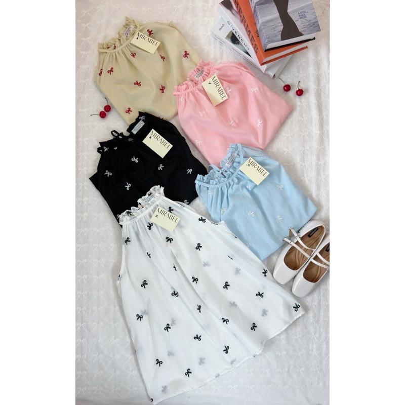 มาใหม่ค่า เสื้อแขนกุด ปักลายโบว์ (ผ้า Cotton) แต่งระบาย