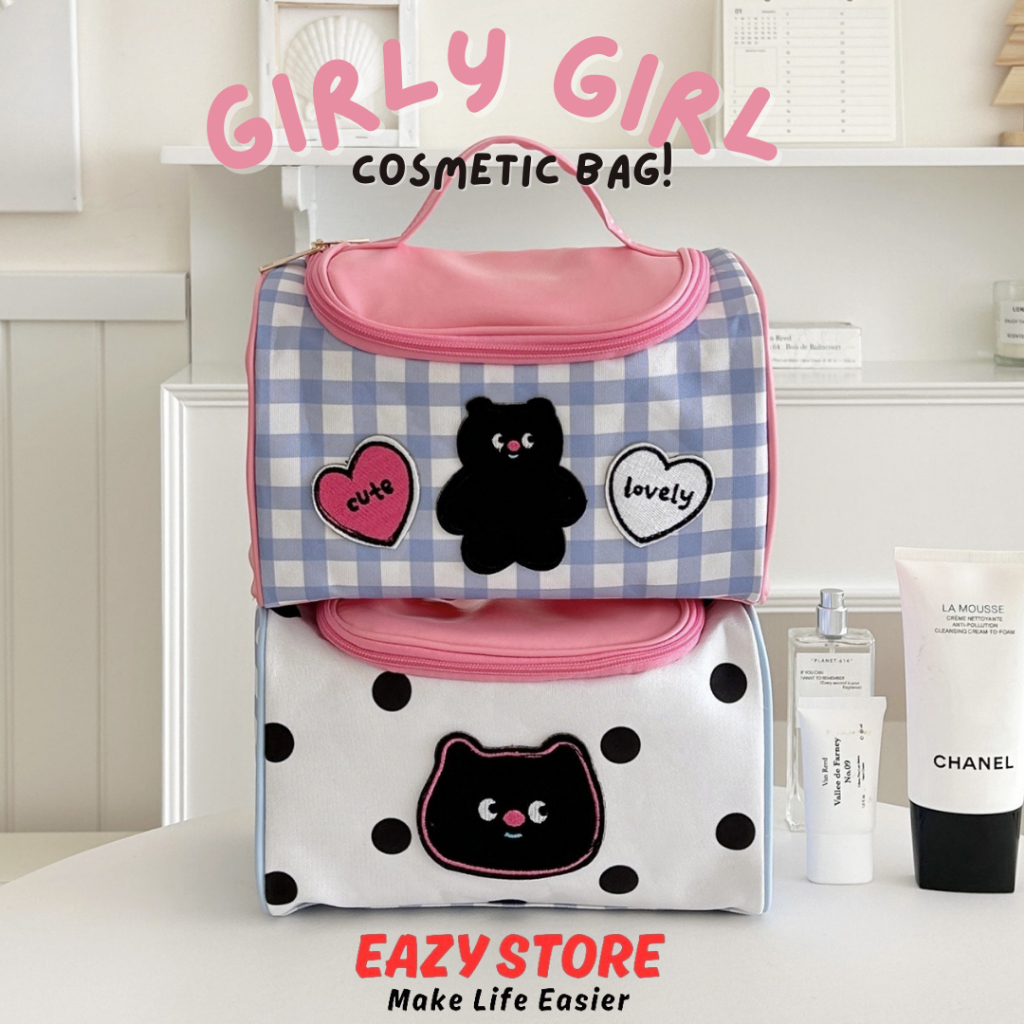 EAZY กระเป๋าเครื่องสำอาง Girly Girl แบบพกพา ขนาดใหญ่ รูปแมว น่ารัก ลายสก๊อต ลายดอท พร้อมหูจับ พกพาสะดวก รุ่นปี2024