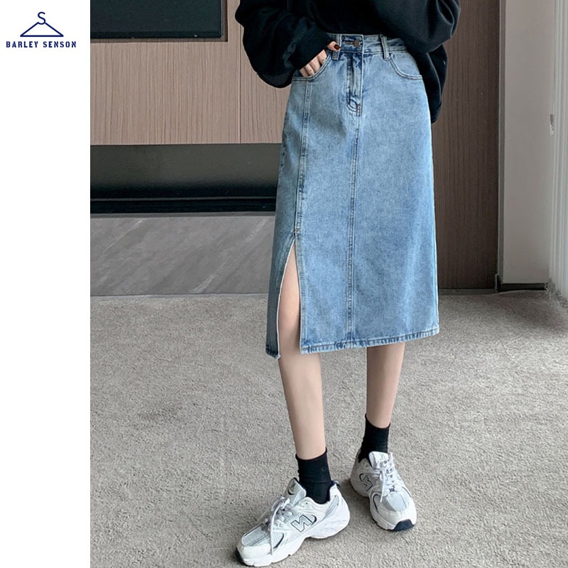 GHAOHES 🌹กระโปรงผ่าข้าง S-2XL   เอวสูง  น่ารัก กระโปรงยีนส์ (ผ้าไม่ยืด)