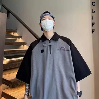 CLIFF เสื้อโปโลผู้ชาย ผ้าวาฟเฟิลด์ เสื้อสไตล์วิทยาลัย ซิปสีผสมแขนสั้น