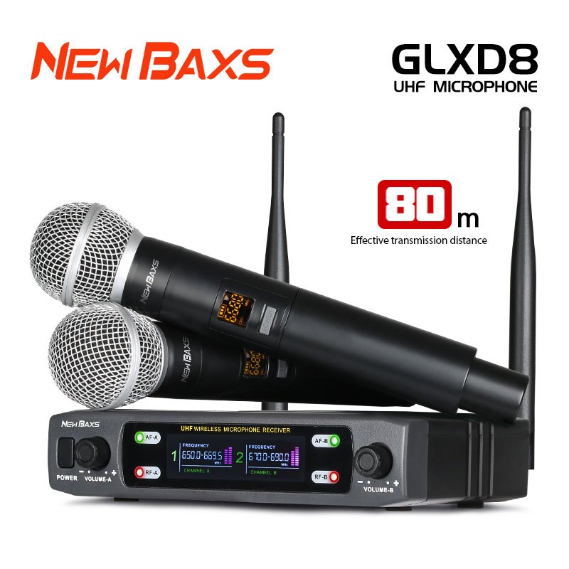 NEW BAXS GLXD8 ไมโครโฟนไร้สาย 2 ไมโครโฟนแบบใช้มือถือ 800 MHz UHF 80 M รับระยะทางไม่มีการรบกวนอุปกรณ์