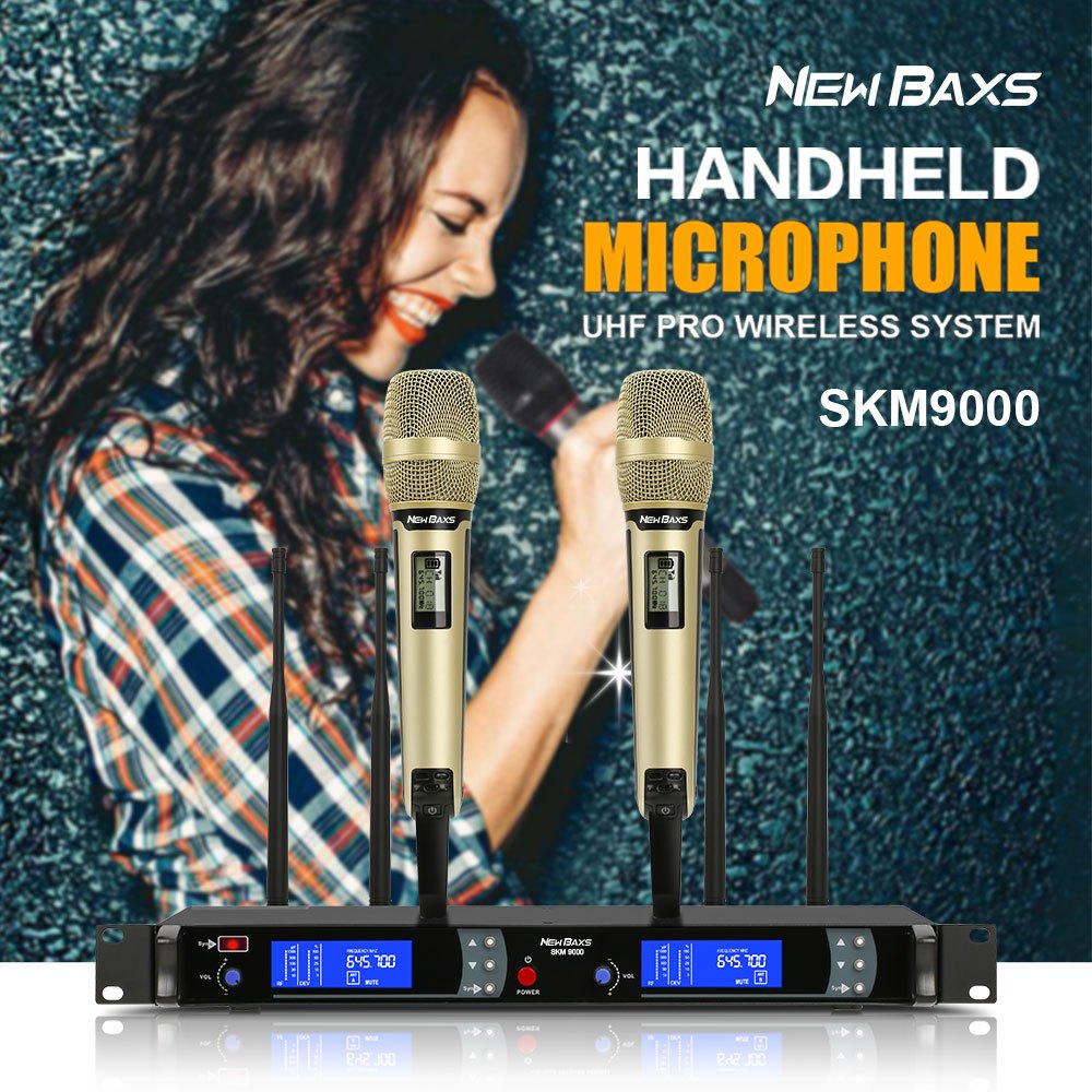 NEW BAXS SKM9000 ไมโครโฟนไร้สาย 2 มือถือ 200 เมตรรับระยะทาง 4 เสาอากาศ UHF FM โลหะเต็มรูปแบบวัสดุอุปกรณ์ร้องเพลง