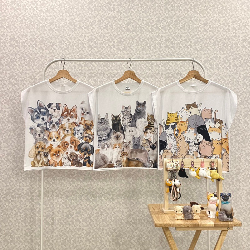 FREEDเสื้อยืดแขนเลย สีขาว พิมพ์ลายแมว สุนัข กระต่าย พร้อมส่ง