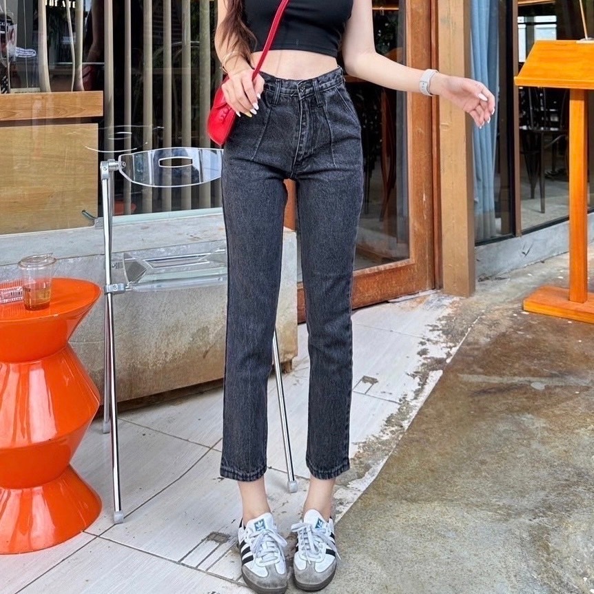 TwiceJeans กางเกงยีนส์ทรงบอย จีบด้านหน้า เข้ารูปเก็บทรงสวย สีดำฟอก (S-5XL)