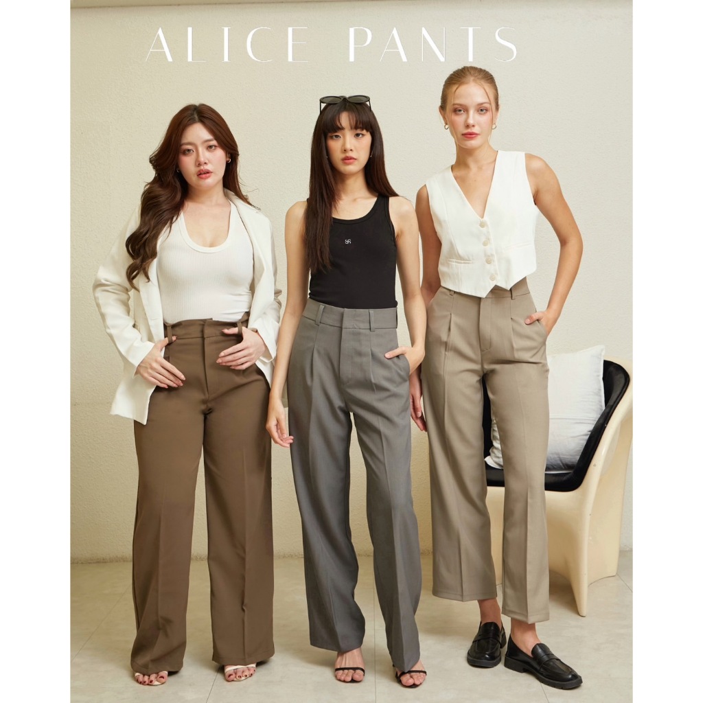 Alice Pants รหัส #A05 กางเกงขากระบอกกลางเเต่งจีบเดียว กระเป๋าซ่อนข้างทรงสวยมากๆมีดีเทลผ้าเรียบหรูดูแพง