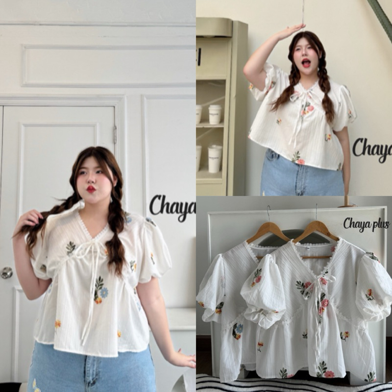 LD เสื้อคอวีแต่งลูกไม้ ผ้าครัช งานปักน้องดอกไม้สวยๆ ไซส์ใหญ่