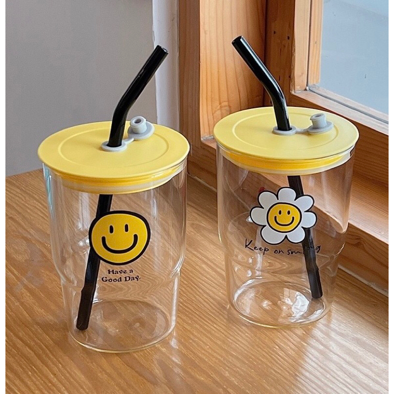 แก้วใส glass แก้วน้ำพร้อมฝาปิดและหลอด ลาย Daisy & Smile น่ารักมากๆเลยค่า