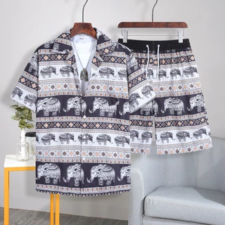 2088#เสื้อเชิ้ตเป็นชุดแบบใหม่ล่าสุดฮาวายลายช้าง เสื้อ + กางเกง