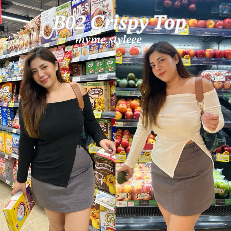 B02 Crispy Top เสื้อปาดไหล่แหวกข้างสาวอวบ - myme.styleee