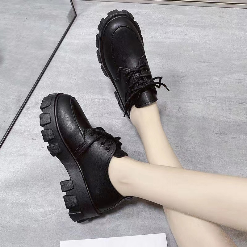 💥Hot Sale! รองเท้าหนังส้นหนา สไตล์เกาหลี สําหรับผู้หญิง สีดำ 5 ซม. - รูปที่ 7