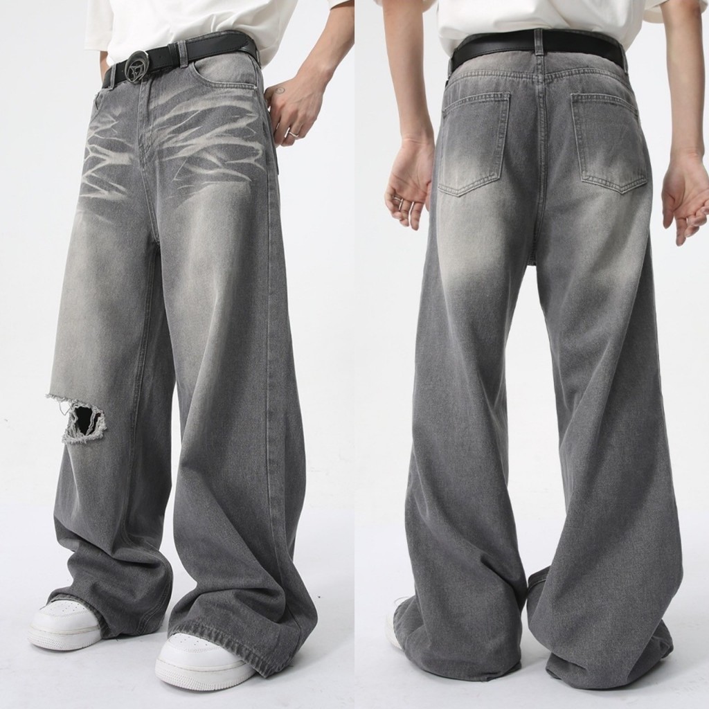 IBB ROCCO FADED GREY BAGGY JEANS กางเกงขากระบอกใหญ่สีเทาเฝดแต่งขาดเข่า