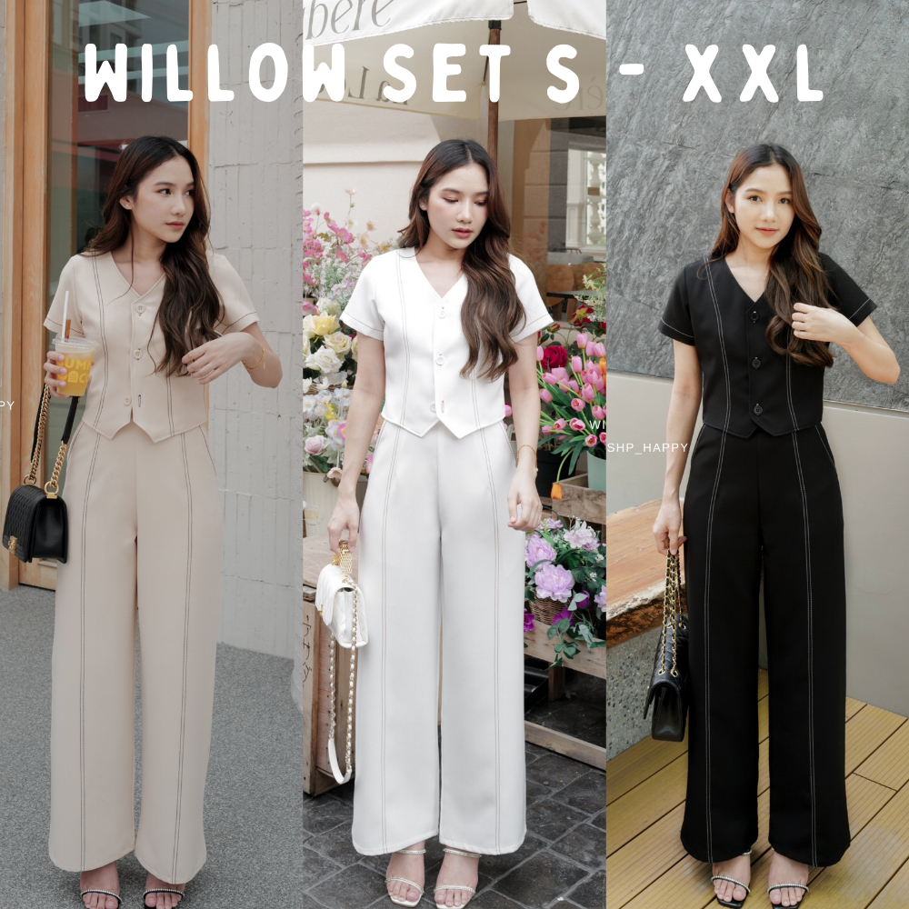 WILLOW SET ชุดเซทเสื้อแขนสั้นกระดุมหน้าและกางเกงขายาว detail เดินเส้นด้ายคู่สีตัด