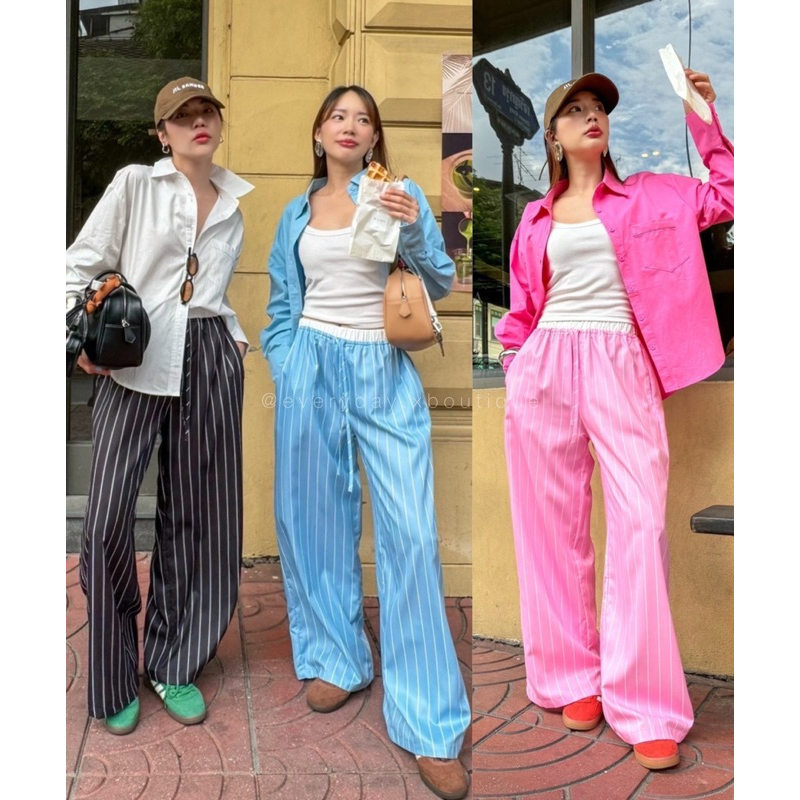 My bae shirt🤍🩵🩷 เสื้อเชิ้ตคอปกแขนยาวผ้าcotton/ My bae stripe pant 💗🩵🖤กางเกงขายาวผ้าพิมพ์ลายริ้ว ขอบเ