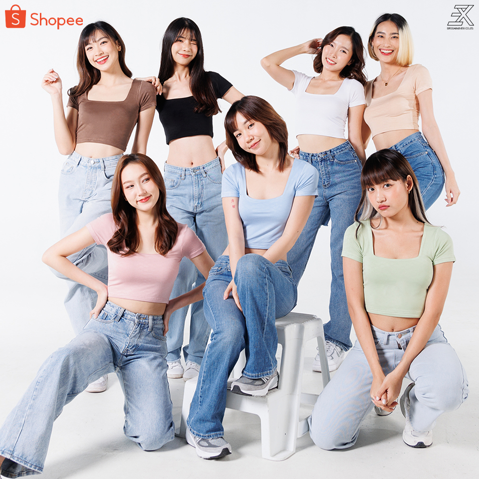Expogarment เสื้อครอป คอเหลี่ยม ผ้าเรย่อน เย็บ 2 ชั้น ผ้ายืดมาก แขนสั้น เอวลอย crop top Rayon 004