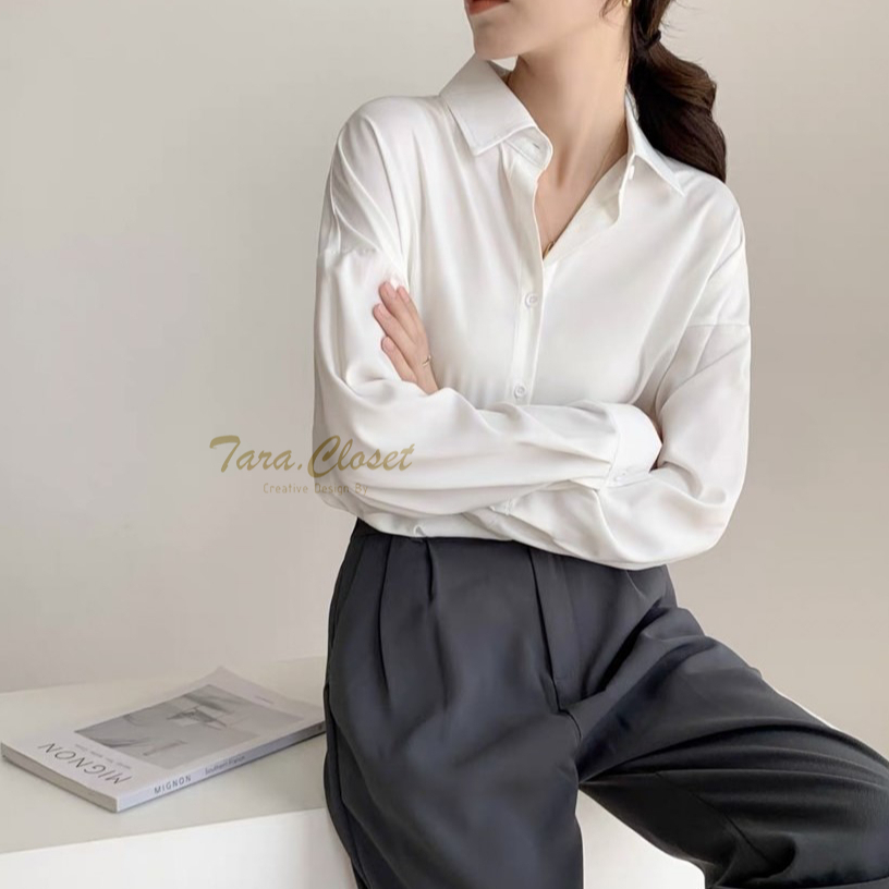 IT022 TARA Shirt White & Black มีขนาด S-3XL เสื้อเชิ้ตขาว ดำ รุ่นยอดฮิต แขนยาว มีกระดุมด้านหน้า ผ้าไหมอิตาลีอย่างดี