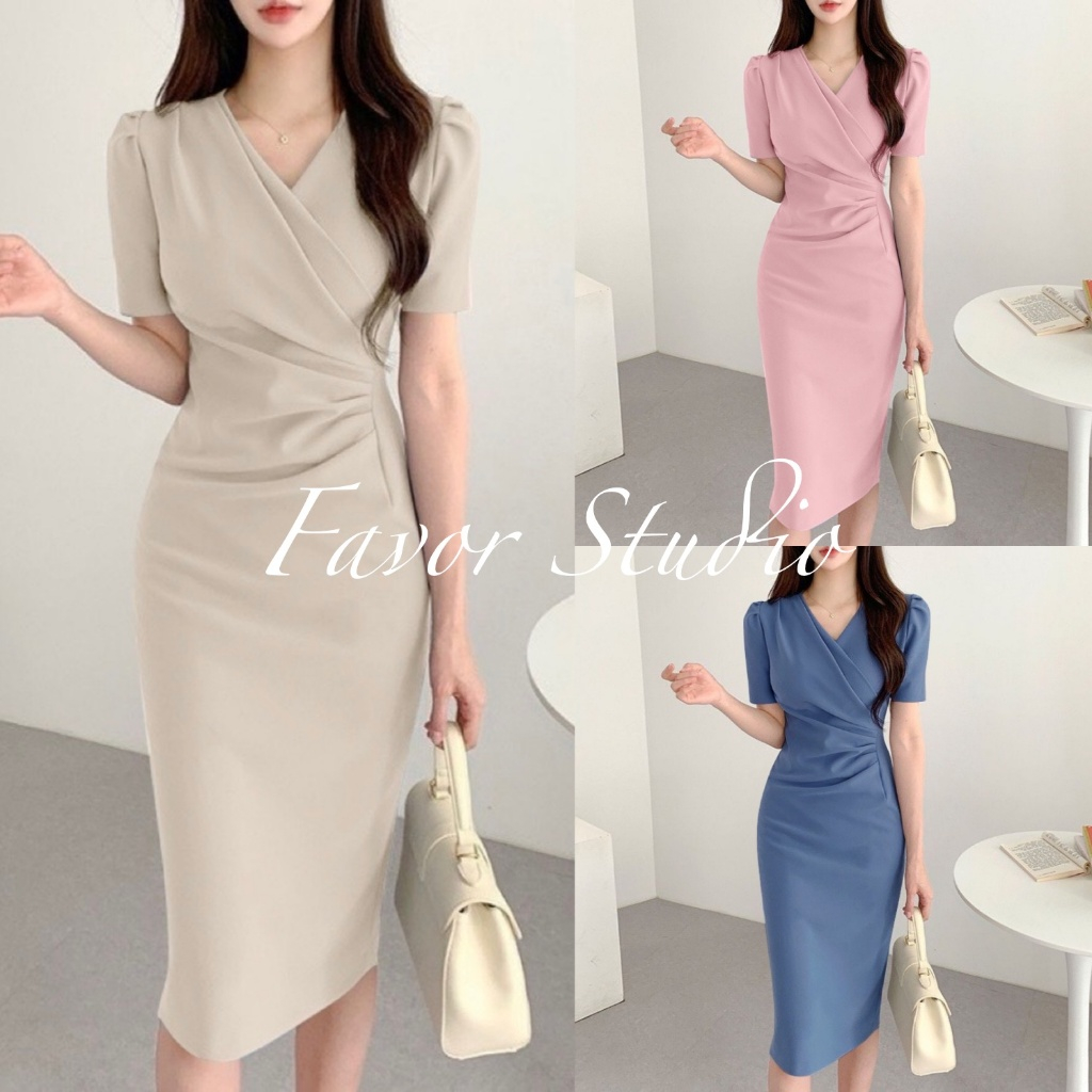 【S-4XL】 เดรสยาวสไตล์เกาหลี ทรงสกินนี่ คอวี แขนพัฟ ผ่าข้าง สวยหรู ใส่ทำงานและออกงาน เหมาะสำหรับสาวอวบ