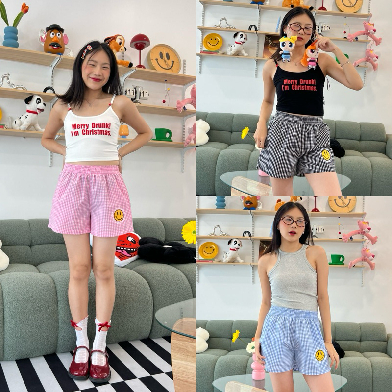 กางเกงลายตารางใส่ไปทะเล ผ้า cotton100 % ปักยิ้มน่ารักๆ พร้อมส่ง